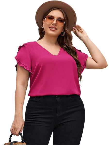 

plus frill trim petal sleeve blouse c5rh#, Black