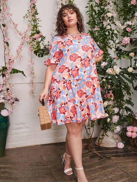 

plus floral print flounce hem smock dress p0jt#, Black