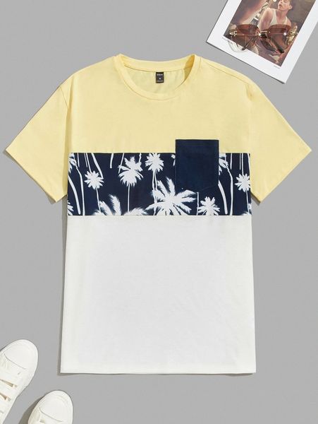 

men tropical print colorblock drop shoulder tee p1w5#, White;black