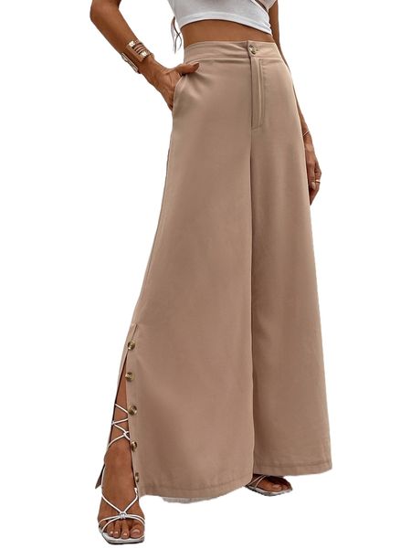 

high waist button detail slit hem wide leg pants 81bf#, Black;white
