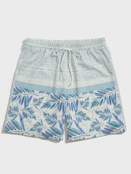 

romwe guys geo & leaves print shorts e6ep#, White;black