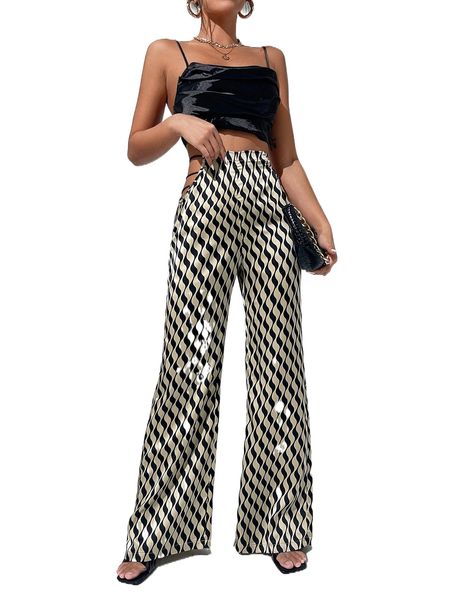 

allover print wide leg pants d2qi#, Black;white