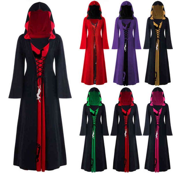 

women medieval renaissance gothic hooded lace-up halloween long sleeve witch cloak long dress cosplay party vintage dresses robe l220714, Black;red