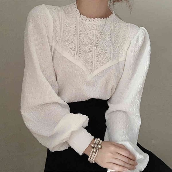 

loose puff sleeve solid color blusas temperament standup collar blouse women heavy lace stitching lades shirt 210506, White
