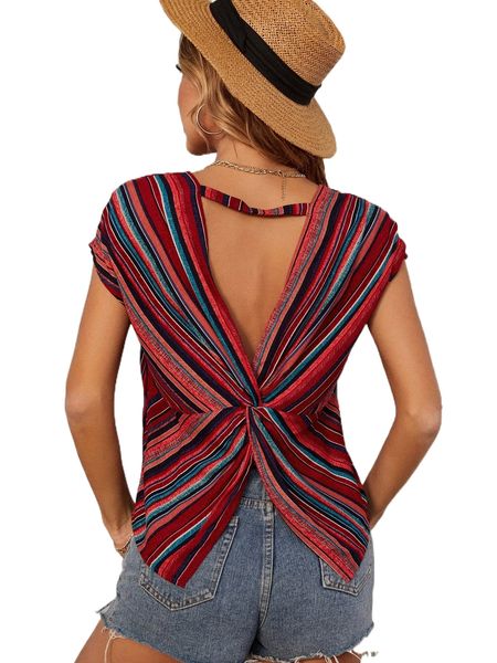 

colorful striped cut out twist back blouse x9vw#, White