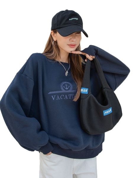 

dazy anchor & letter embroidery drop shoulder oversized pullover d4kf#, Black