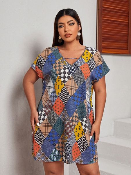 

plus patchwork print tunic dress i71d#, Black