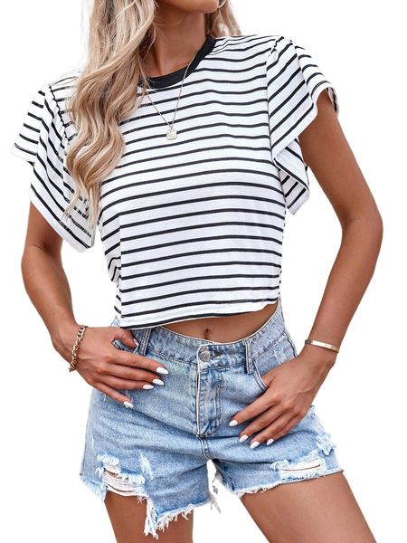 

butterfly sleeve striped tee i2o7#, White