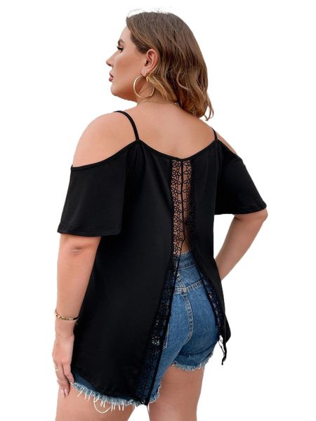 

plus guipure lace panel split back cold shoulder tee y8yz#, Black