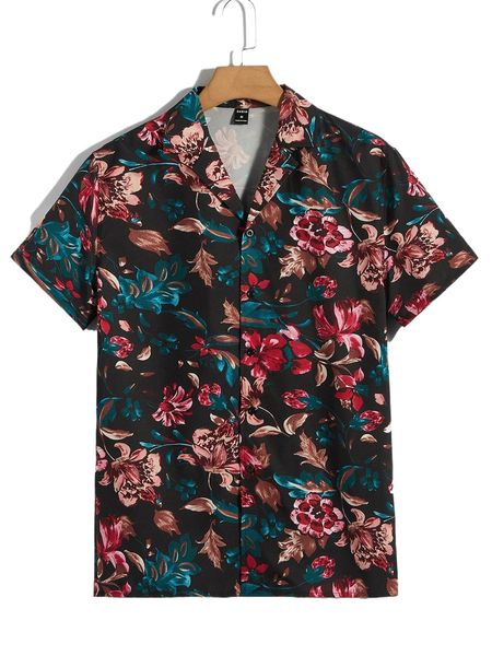 

men floral print lapel neck shirt d17o#, White;black