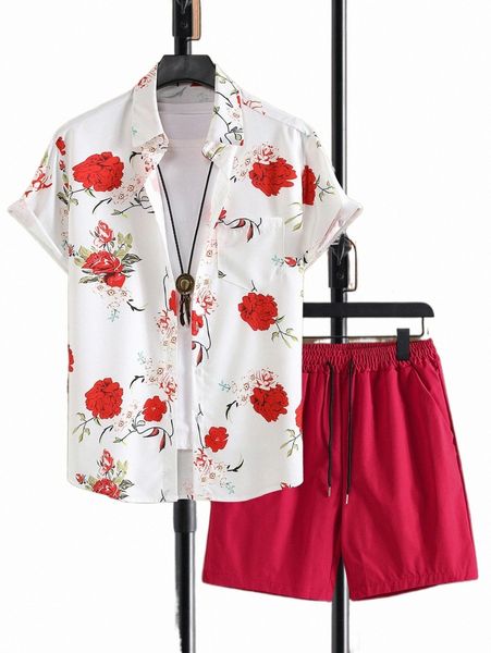 

men floral print shirt & drawstring waist shorts without tee e25g#, Gray