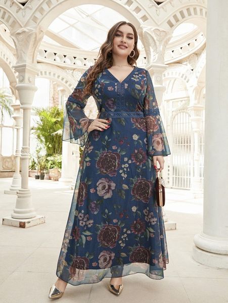 

plus floral mesh overlay guipure lace insert flounce sleeve maxi dress p043#, Black