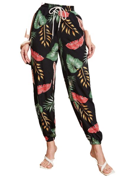 

tropical print drawstring waist pants e3cx#, Black;white