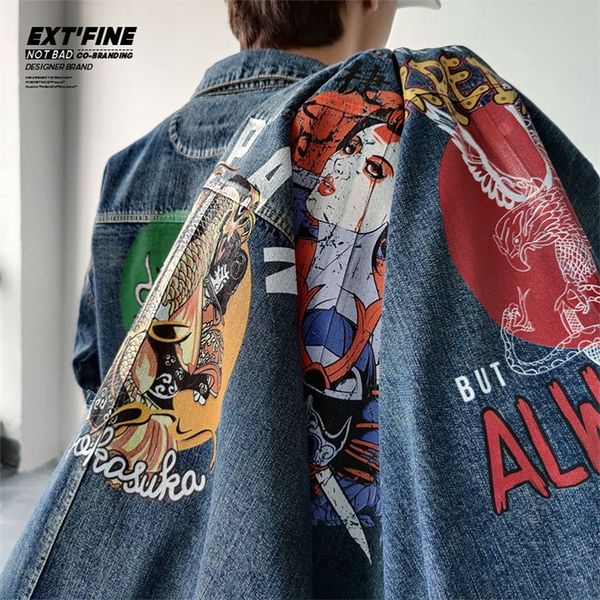 

extfine japanese men denim jacket coat harajuku fish brocade carp print male oversized jacket coat drop shoulder sleeve outfits lj201013, Black;brown