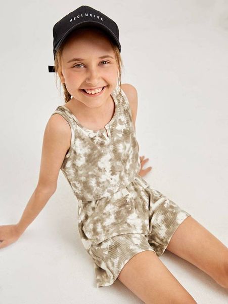 

girls tie dye notched neck tank & shorts she, White