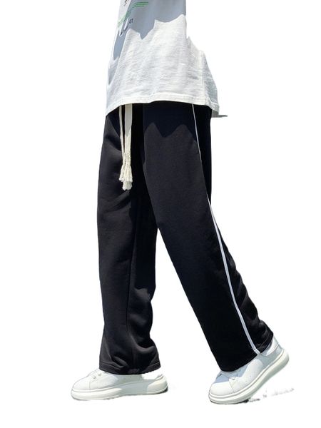

men contrast tape side drawstring waist sweatpants o565#, Black
