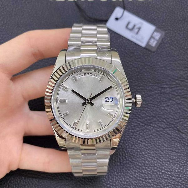 

u1 st9 steel watches day date 40mm diamond set silver dial fluted bezel ice automatic mechanical movement sapphire glass president stainless, Slivery;brown