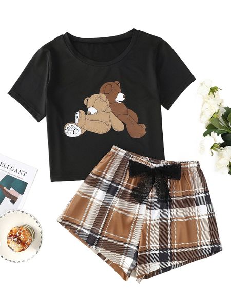 

cartoon graphic tee and plaid shorts pj set n6eg#, Black;red