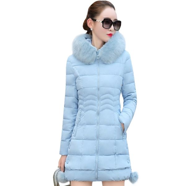 

winter fashion parka women korean slim warm fur collar midlong coat women fur ball thick winter jackets parka 200928, Black