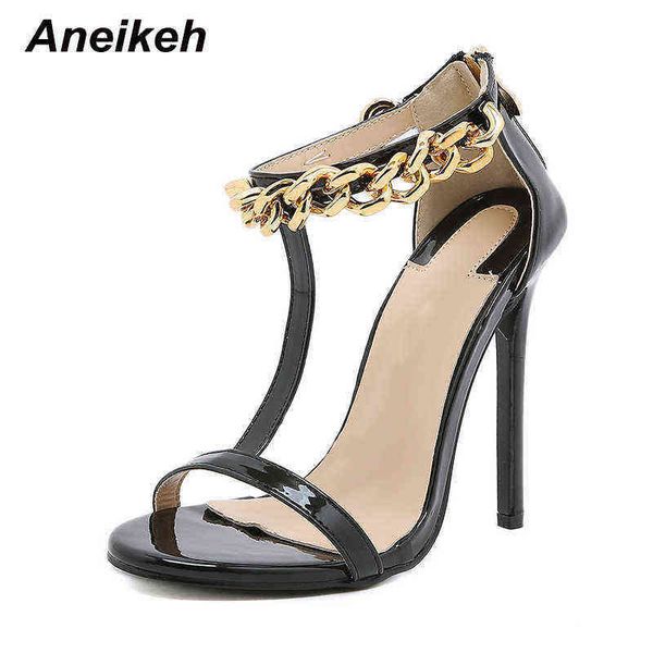 Sandali Aneikeh Fashion Pelle verniciata nera Sexy Open Toe Catena dorata Decorazione Tacco alto Scarpe da festa per donna Cerniere alla caviglia 35-42 Estate 220331