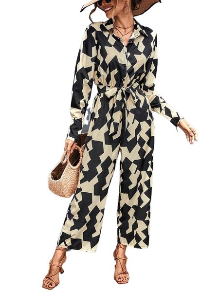 

allover geo print belted shirt jumpsuit 66mt#, Black;white