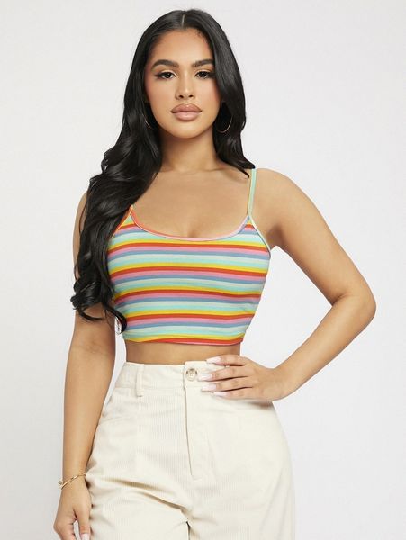 

petite block striped crop cami h8ha#, White