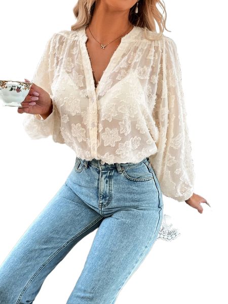 

jacquard lantern sleeve blouse without bra v8dx#, White