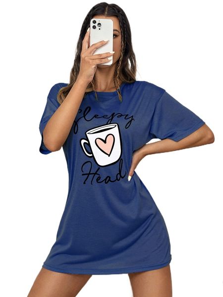

cup & letter graphic drop shoulder night dress o9kp#, Black;red