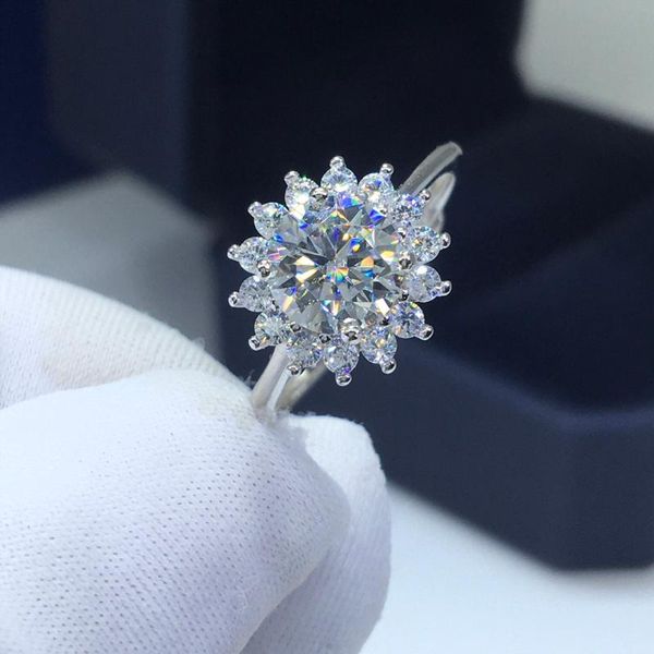 

cluster rings silver 925 original brilliant cut diamond test past 1 6.5mm d color moissanite sunflower ring gemstone jewelry gift, Golden;silver