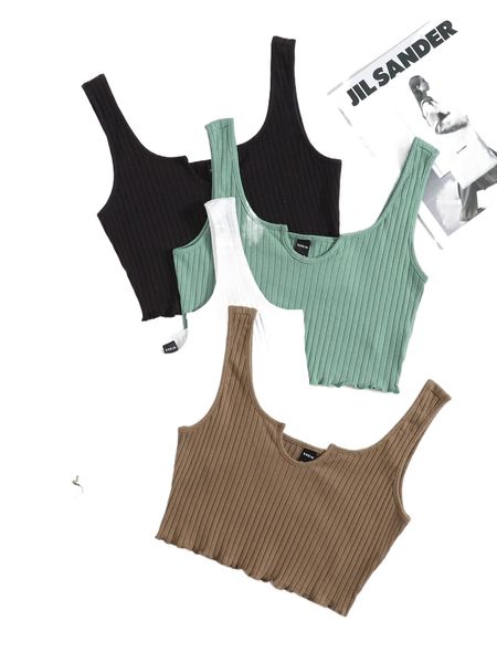 

4 pack notch neck lettuce trim rib-knit crop tank 4345#, White