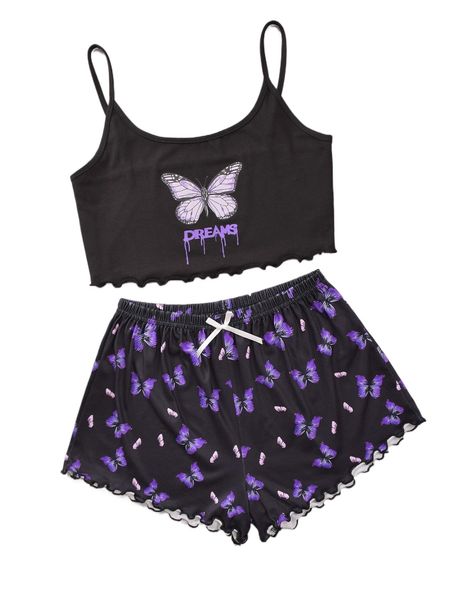 

butterfly & letter graphic lettuce trim cami pj set i7tb#, Black;red