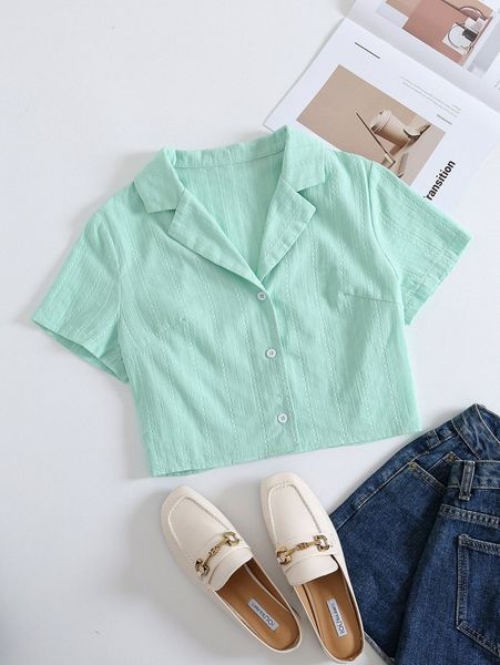 

lapel collar button front crop semi sheer blouse v2mg#, White
