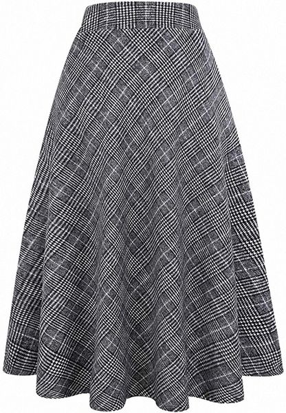 

womens plaid wool skirts elastic waist a-line pleated tartan long skirts r0rl#, Black