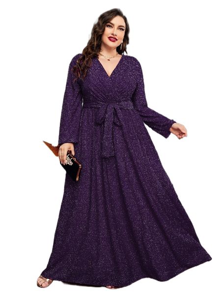 

plus overlap collar belted glitter dress 58r3#, Black
