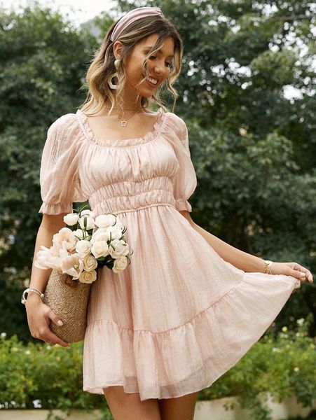 

simplee solid frill trim fold pleated puff sleeve dress v4sm#, Black;gray