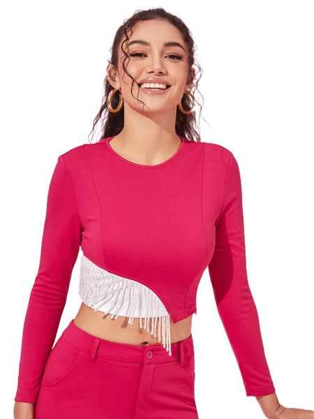 

x hiba contrast panel fringe trim crop tee l3cd#, White