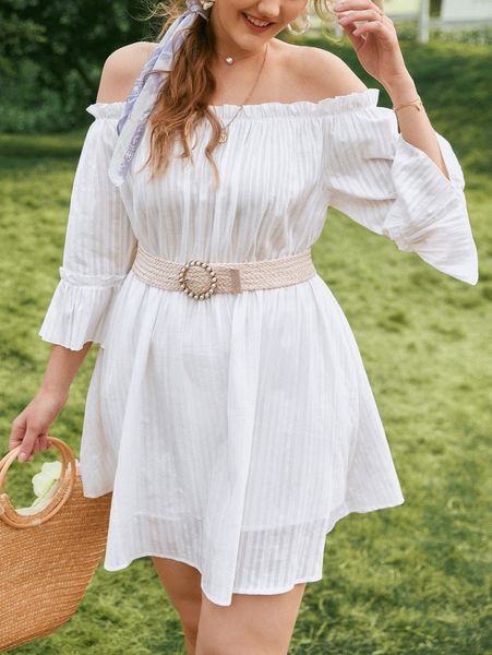 

plus off shoulder a-line lettuce trim dress without belt 71pa#, Black