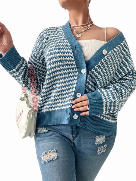 

plus striped pattern drop shoulder cardigan b5gl#, Black