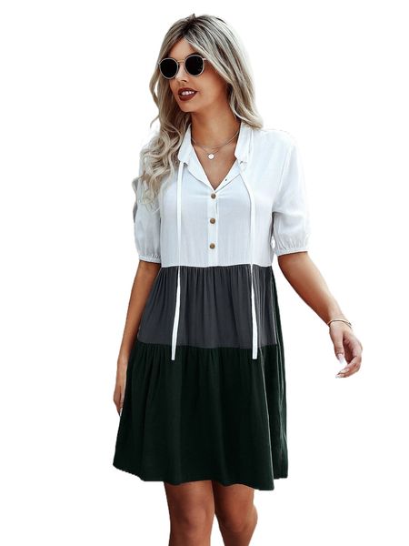 

color block tie neck smock dress o9o6#, Black;gray