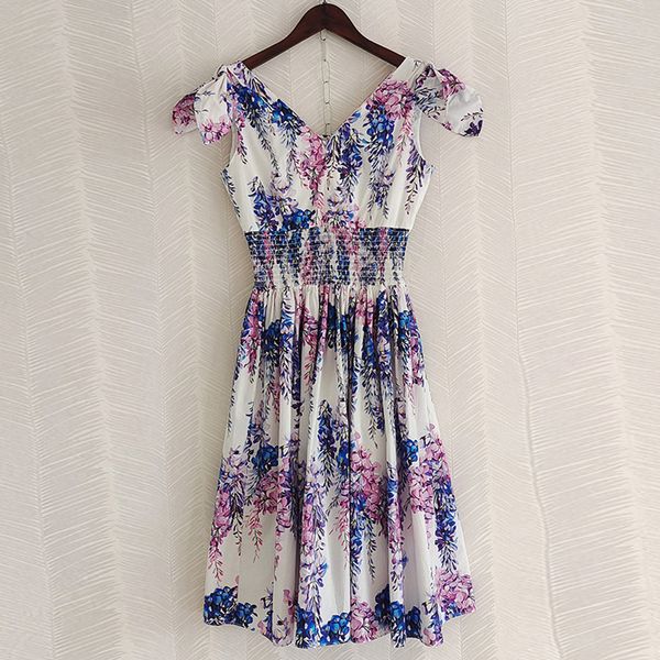 

runway fashion dresses v neck purple floral print elastic waist party, Black