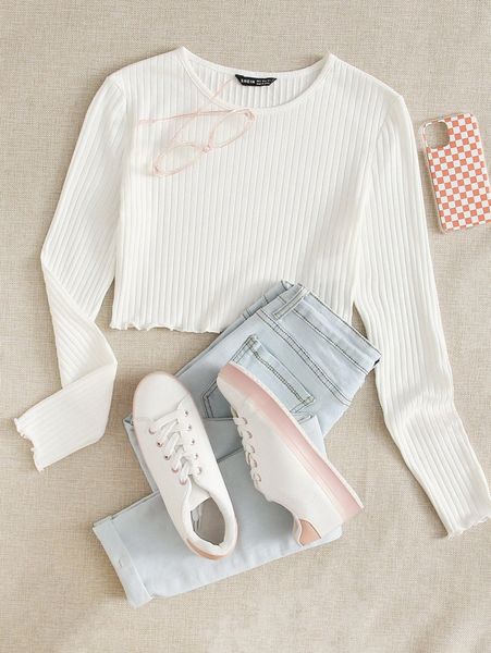 

lettuce edge rib-knit tee f1p8#, White