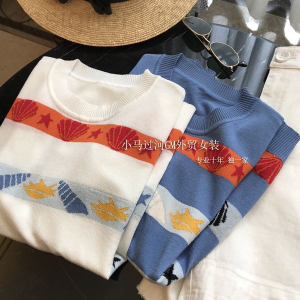

women's t-shirt designer super age reducing white ~ cool and breathable ocean printing small loose contrast color rendering thin short