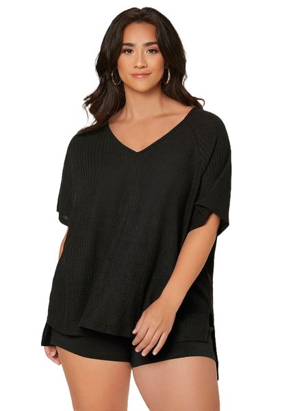 

plus waffle knit split high low tee i4qf#, Black