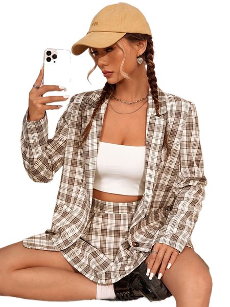 

plaid single breasted lapel collar blazer & plicated detail skirt 89va#, White