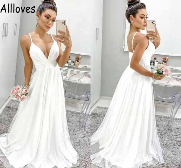 

simple satin boho garden wedding dress with spaghetti straps ruched a line saudi arabia bidal gowns sweep train open back vestidos de novia, White