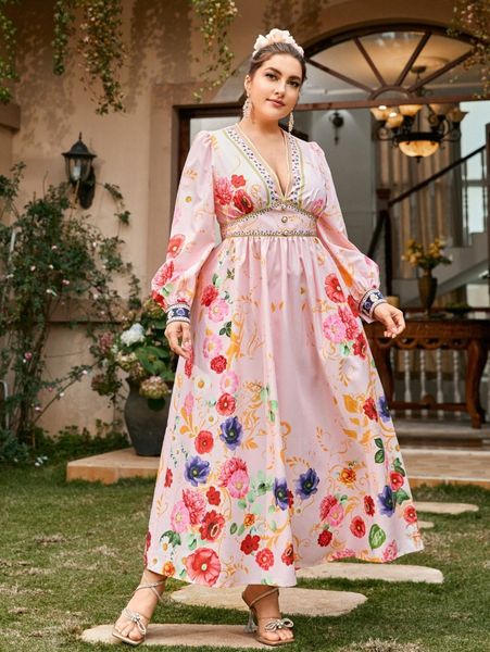 

plus floral print deep v neck lantern sleeve dress a9cw#, Black