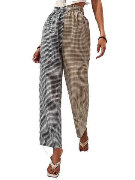 

color block plaid straight leg pants f8ga#, Black;white