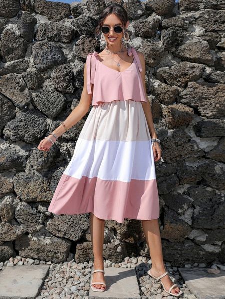 

knot shoulder low back colorblock slip dress z0sh#, Black;gray