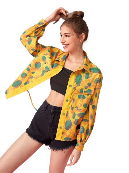 

x tanya dim dot & plant print drop shoulder flap pocket blouse o3lr#, White