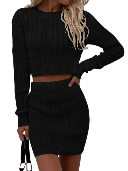 

cable knit crop sweater and skirt set d6kp#, White;black